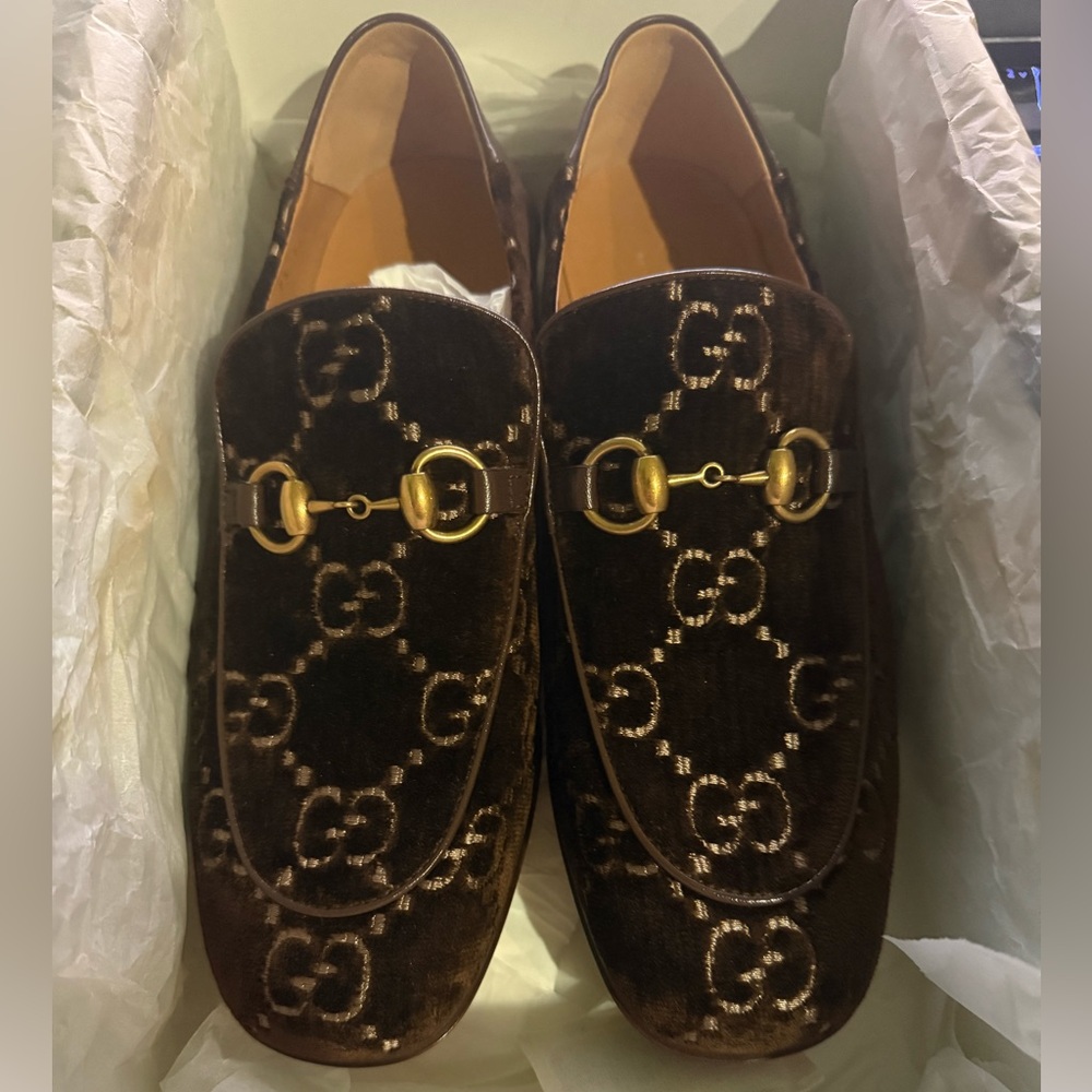 Gucci Brown Velvet GG Horsebit Loafers